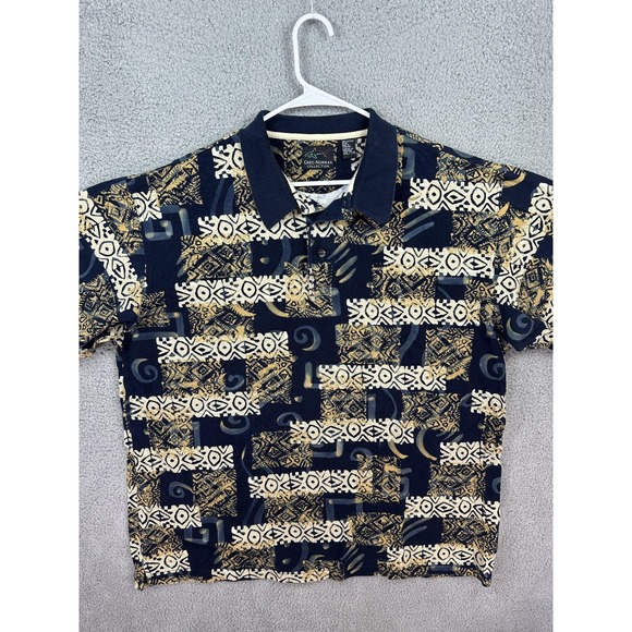 Greg Norman Collection Shirt Mens 2XL Blue Yellow Geometric Polo Golf Casual 90s